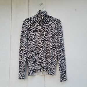 Womens Boston Proper Zippered Cardigan Sweater Cotton Silk Leopard Print - Large